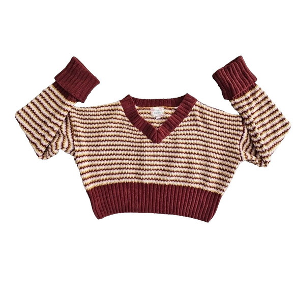 Pink Rose Women's Size Large Brown Striped V Neck Cropped Pullover Sweater NWT - Picture 1 of 13